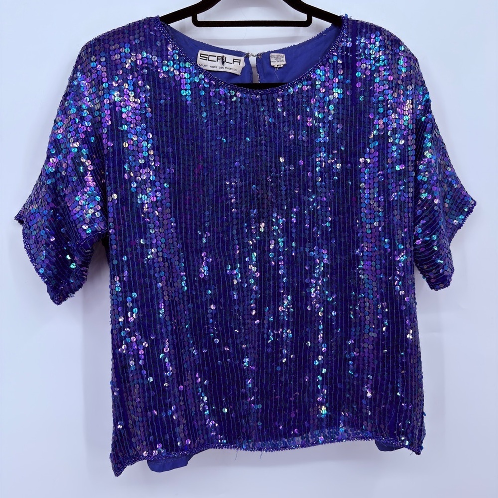 Vintage Scala Silk Sequin Top Size M Purple Blue Iridescent Party Blouse